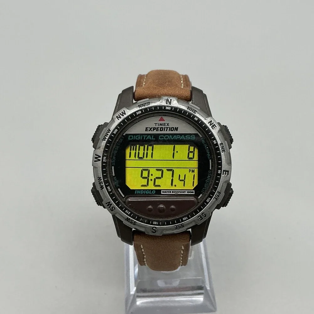 Timex Expedition Mens Watch 42mm Green Digital Brown Leather Compass New Battery